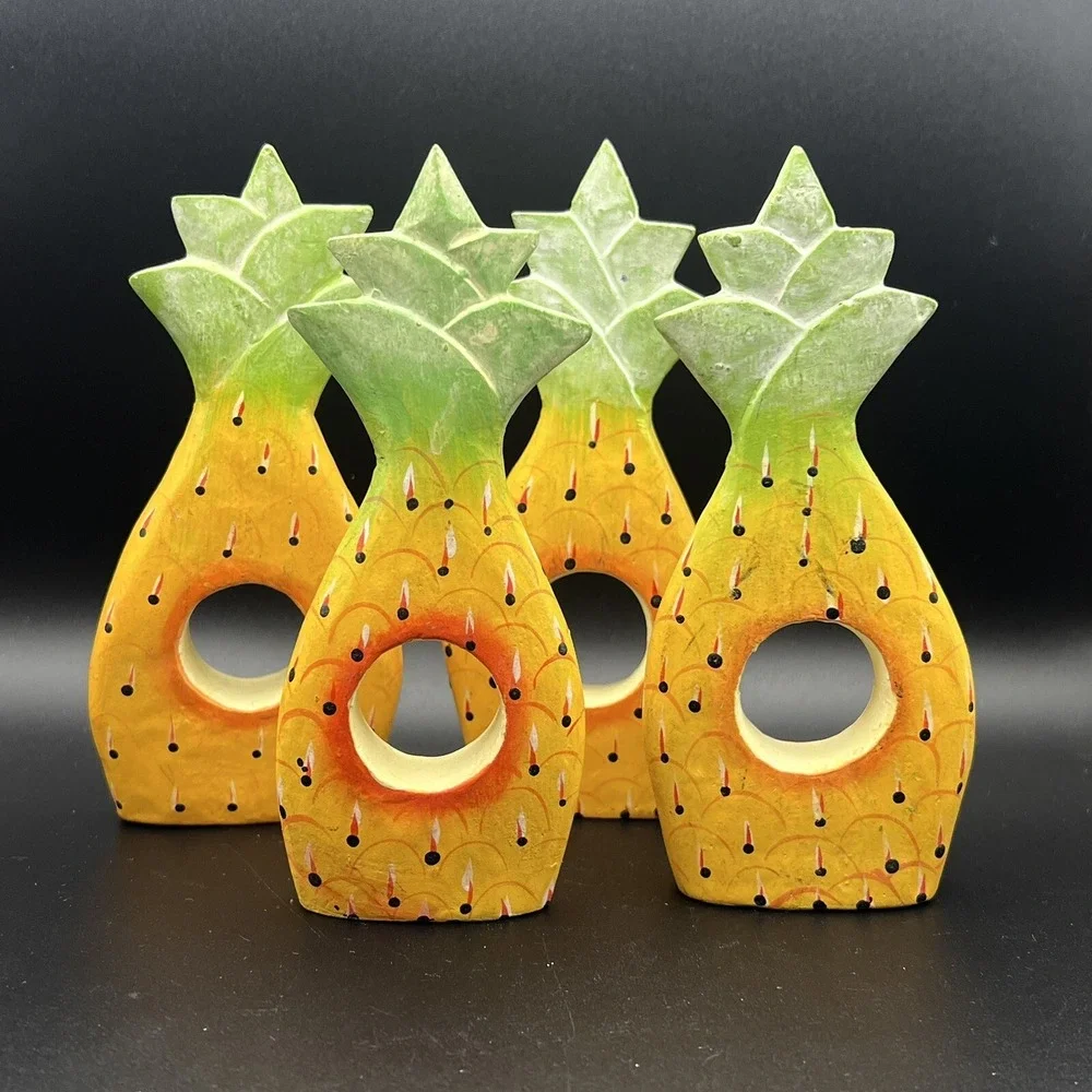 Pineapple & Banana Leaf Wood Napkin Rings Hand-Painted Set of 7 ~ Indonesia